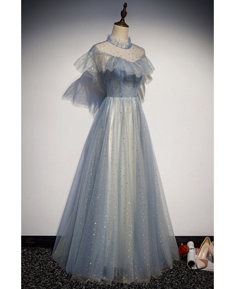 Robe de soirée élégante bleu ciel transparente à col haut et manches courtes en paillettes, robe de bal longue en tulle princesse bleu ciel, dos nu et longueur au sol