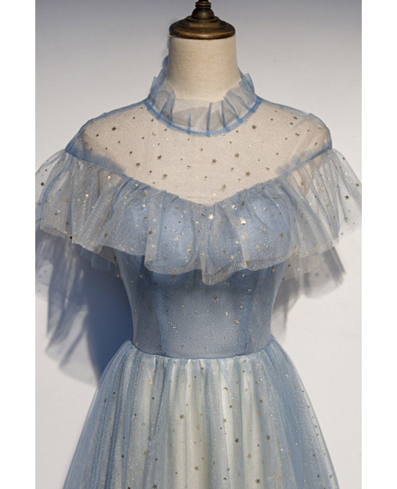 Robe de soirée élégante bleu ciel transparente à col haut et manches courtes en paillettes, robe de bal longue en tulle princesse bleu ciel, dos nu et longueur au sol