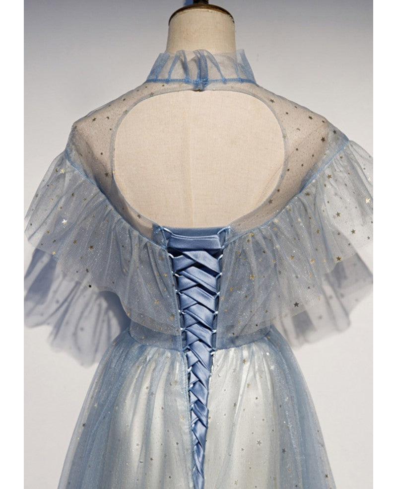 Robe de soirée élégante bleu ciel transparente à col haut et manches courtes en paillettes, robe de bal longue en tulle princesse bleu ciel, dos nu et longueur au sol