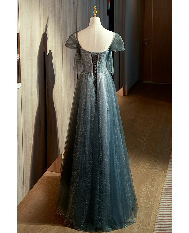 Unique/Beautiful Ink Blue Spotted Off Shoulder Short sleeved Ball Dress Ink Blue A-line Backless Sequin Bow and Floor Length Prom Dress