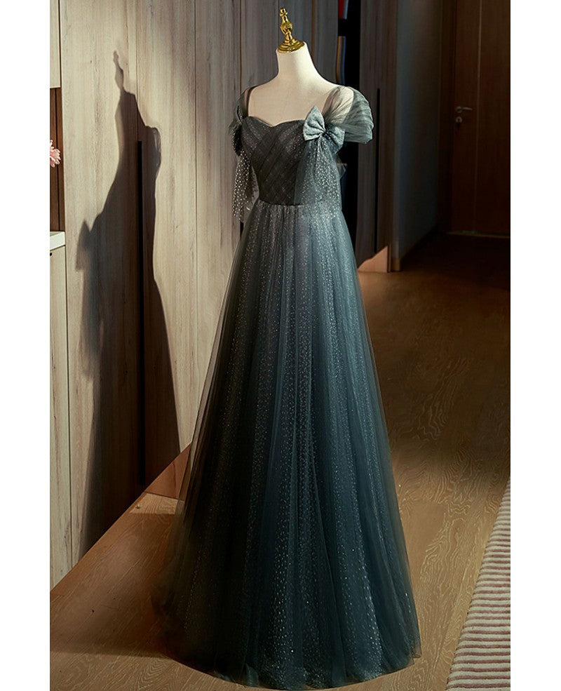Unique/Beautiful Ink Blue Spotted Off Shoulder Short sleeved Ball Dress Ink Blue A-line Backless Sequin Bow and Floor Length Prom Dress