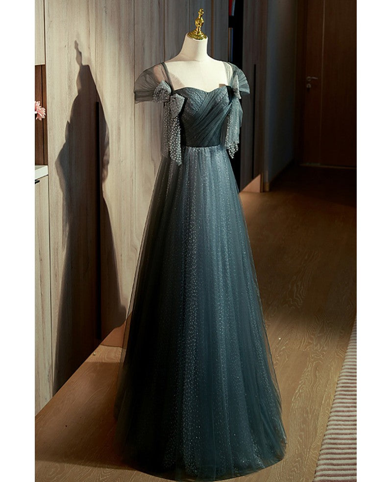 Unique/Beautiful Ink Blue Spotted Off Shoulder Short sleeved Ball Dress Ink Blue A-line Backless Sequin Bow and Floor Length Prom Dress