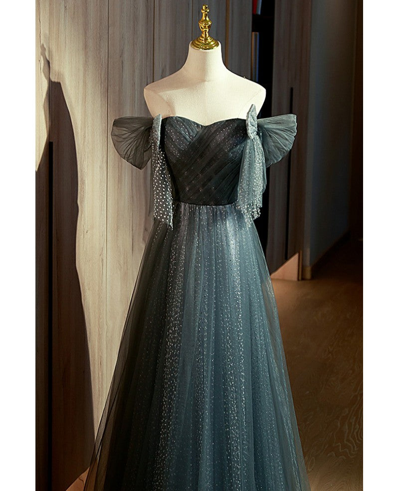 Unique/Beautiful Ink Blue Spotted Off Shoulder Short sleeved Ball Dress Ink Blue A-line Backless Sequin Bow and Floor Length Prom Dress