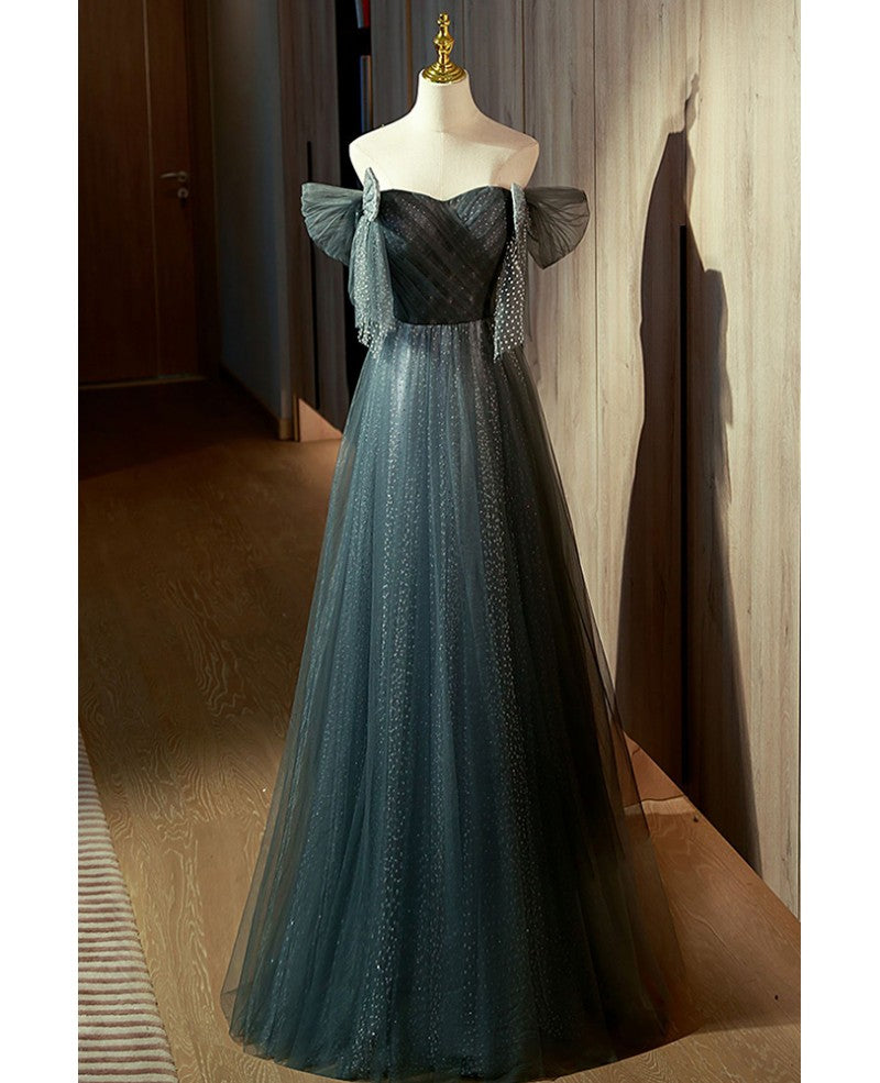 Unique/Beautiful Ink Blue Spotted Off Shoulder Short sleeved Ball Dress Ink Blue A-line Backless Sequin Bow and Floor Length Prom Dress