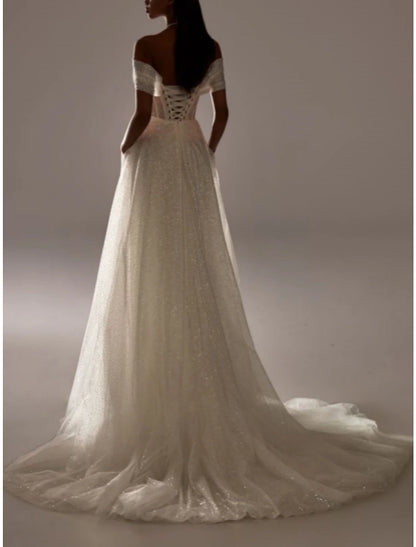 Formal Wedding Dresses A-Line Off Shoulder Short Sleeve Court Train Tulle Bridal Gowns With Pleats Ruched