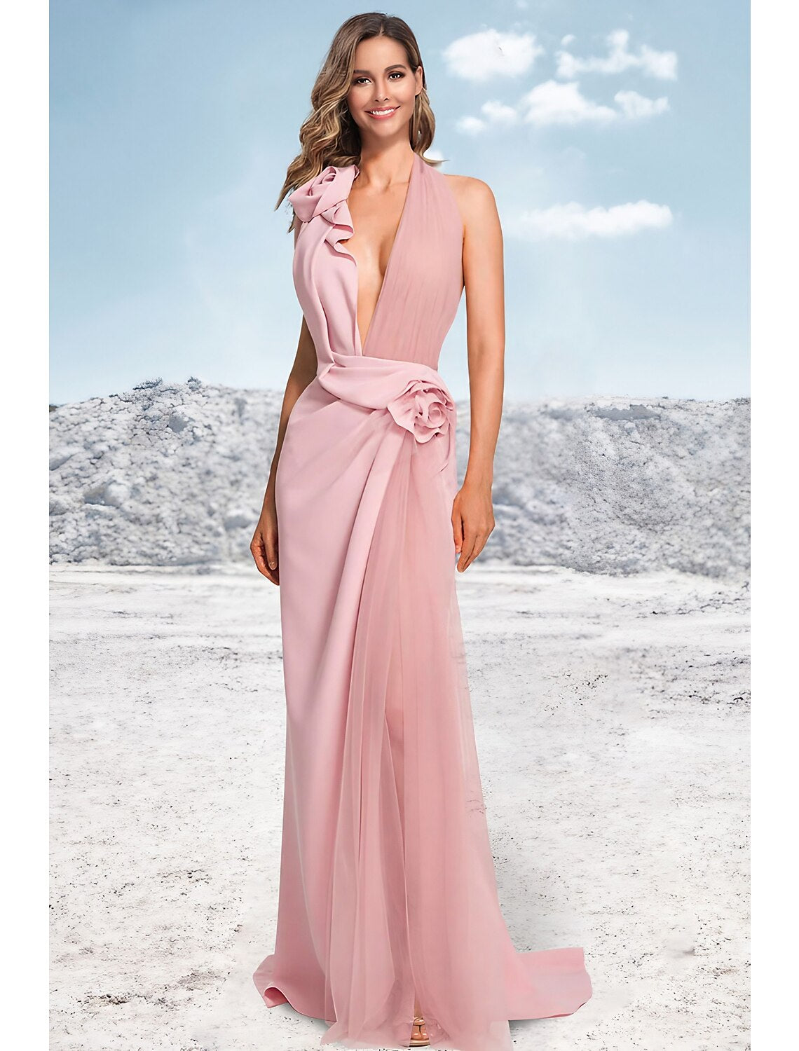 Meerjungfrau/Trompete Abendkleid Partykleid Formeller Hochzeitsgast Sweep/Pinsel Zug Ärmellos Neckholder Satin mit Rüschen