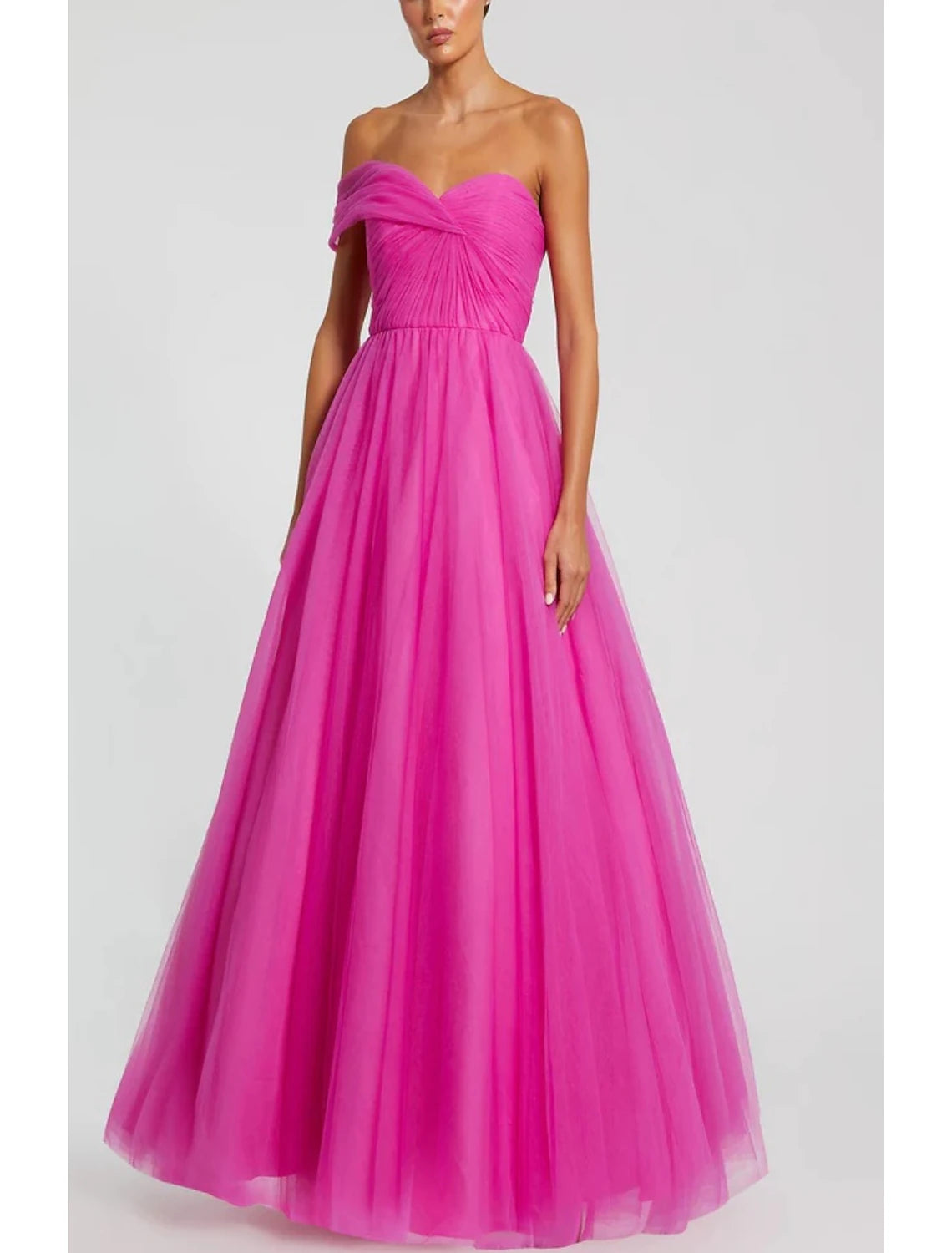 Robe de bal trapèze élégante, longueur au sol, sans manches, asymétrique, en tulle et froncé
