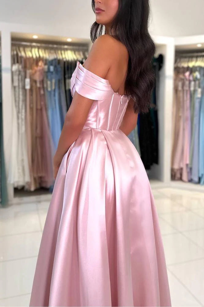 Dusty Pink A‑Line Off‑The‑Shoulder Draped‑Collar Corset‑Bodice Floor‑Length Satin Prom Dress