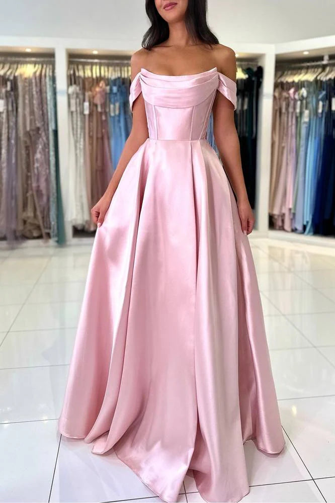 Dusty Pink A‑Line Off‑The‑Shoulder Draped‑Collar Corset‑Bodice Floor‑Length Satin Prom Dress