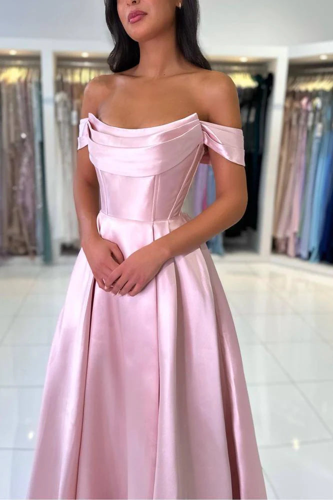 Dusty Pink A‑Line Off‑The‑Shoulder Draped‑Collar Corset‑Bodice Floor‑Length Satin Prom Dress