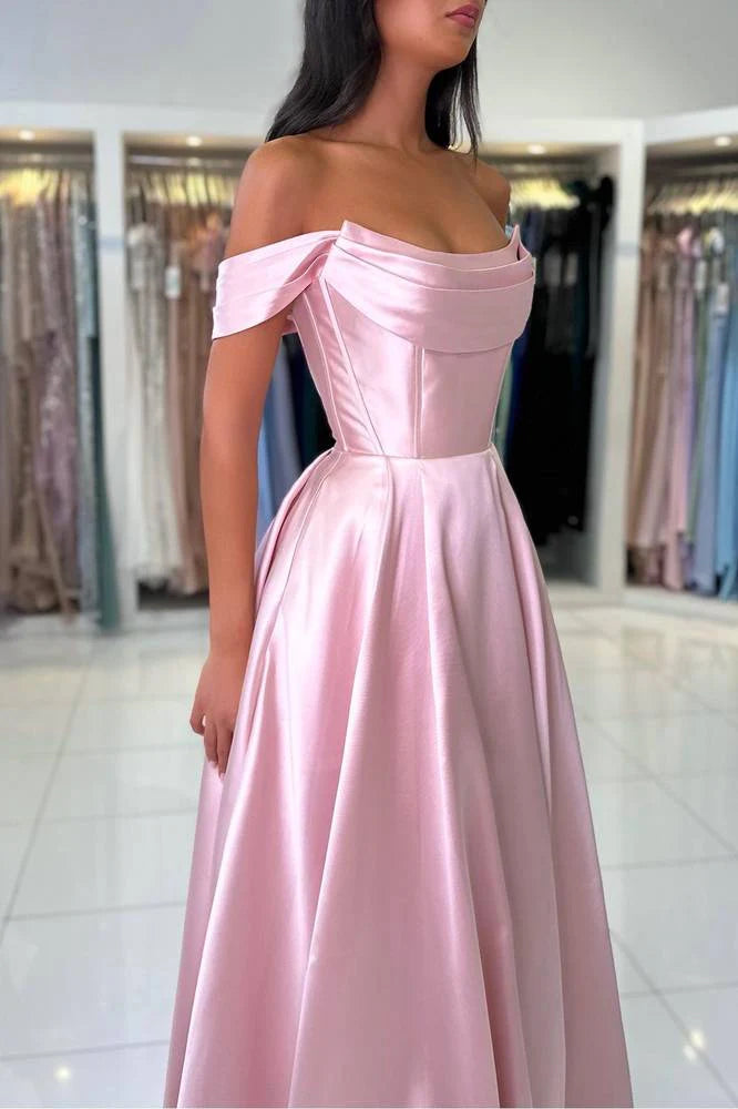 Dusty Pink A‑Line Off‑The‑Shoulder Draped‑Collar Corset‑Bodice Floor‑Length Satin Prom Dress
