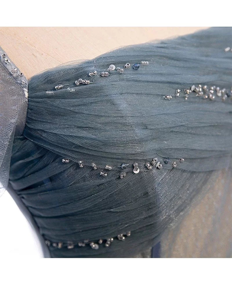 Robe de bal élégante bleu marine à col carré et manches courtes, à paillettes et perles, dos nu et longueur au sol, bleu marine