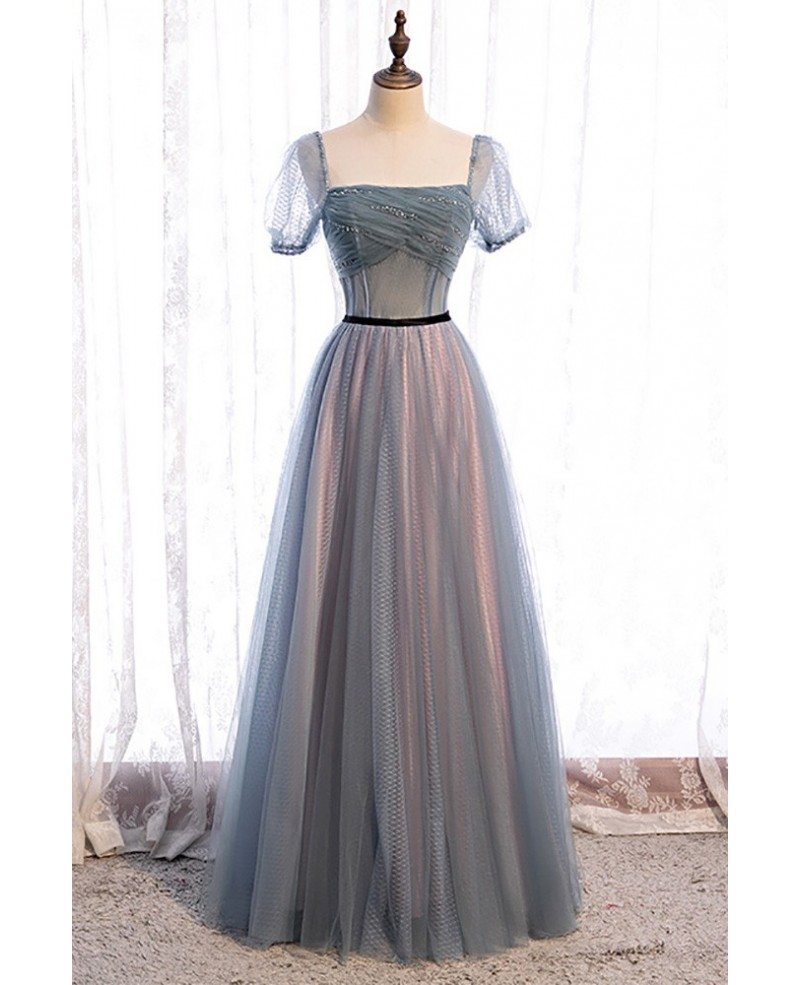Robe de bal élégante bleu marine à col carré et manches courtes, à paillettes et perles, dos nu et longueur au sol, bleu marine