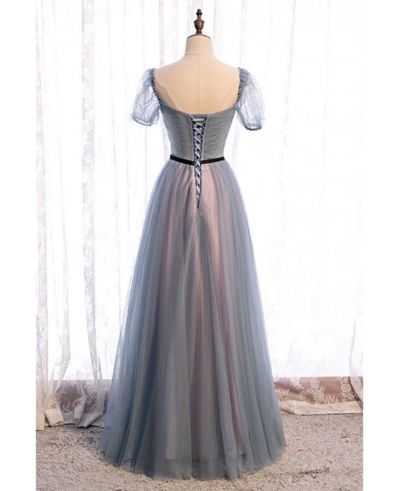 Robe de bal élégante bleu marine à col carré et manches courtes, à paillettes et perles, dos nu et longueur au sol, bleu marine