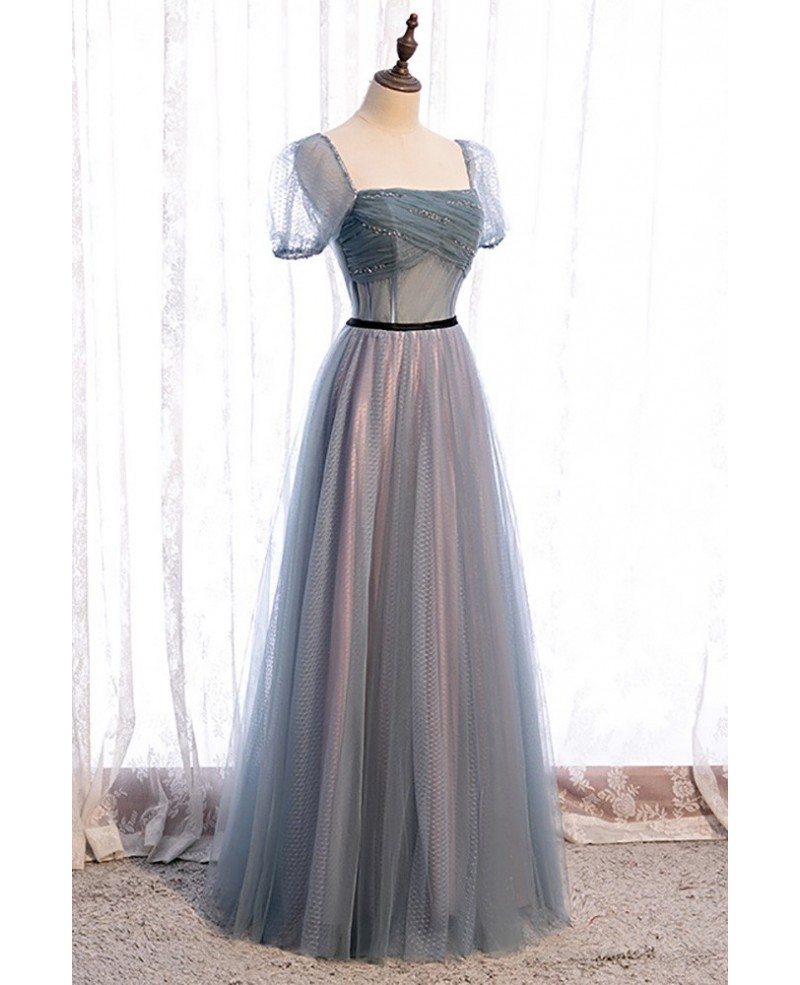 Robe de bal élégante bleu marine à col carré et manches courtes, à paillettes et perles, dos nu et longueur au sol, bleu marine