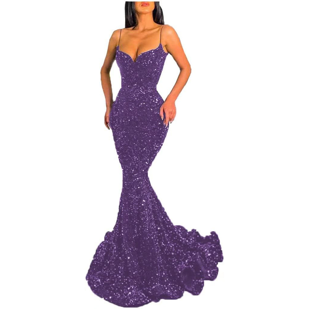 Pailletten-Meerjungfrauen-Ballkleid, funkelndes V-Ausschnitt-Ballkleid mit italienischen Nudelträgern