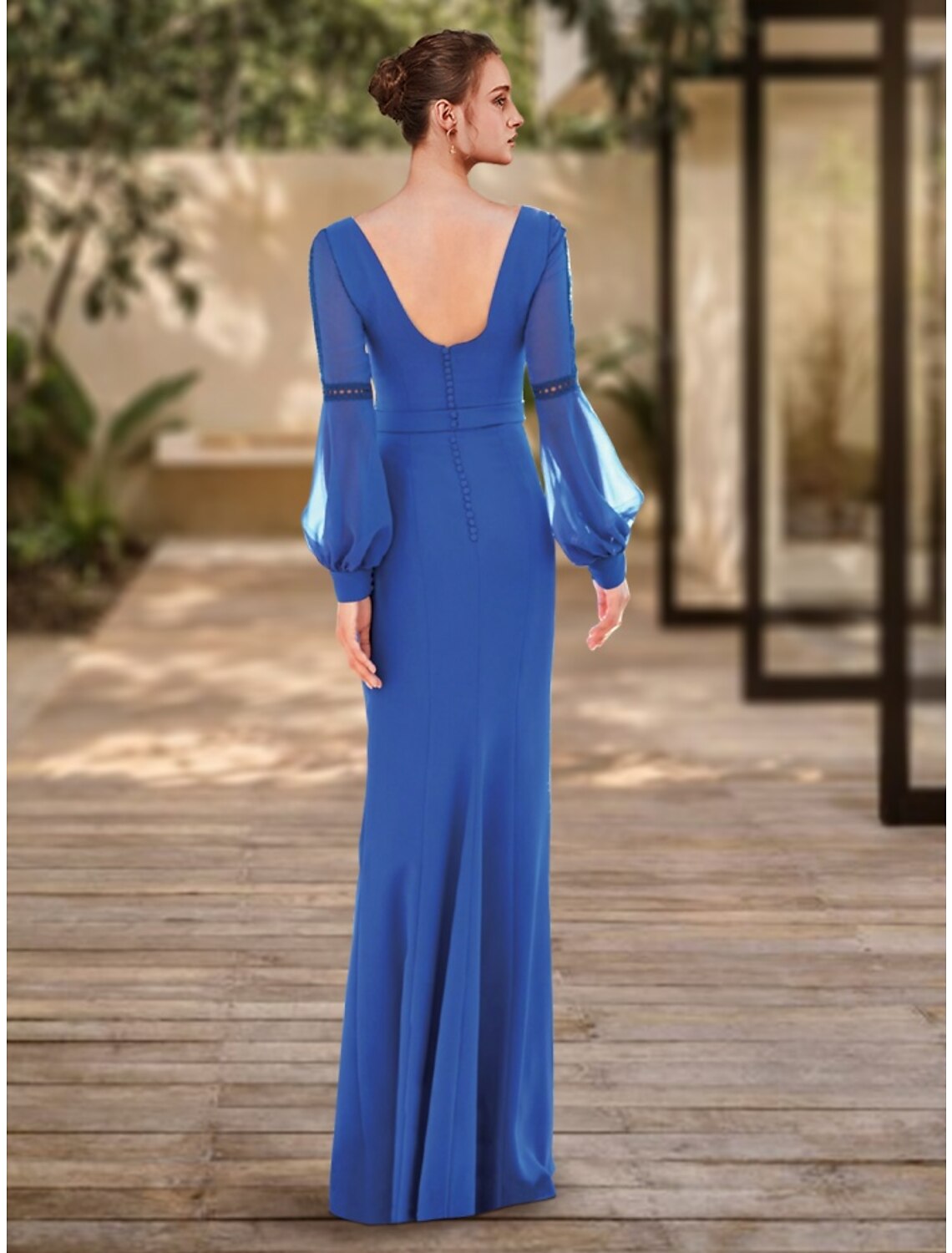 Etuikleid/Säulenkleid, elegantes Abendkleid, formelles Kleid, bodenlang, lange Ärmel, V-Ausschnitt, Stretch-Chiffon mit Falten