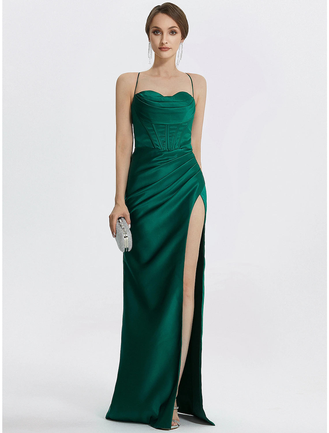 Meerjungfrau/Trompete Ballkleider Korsetts Kleid Hochzeitsgast Black Tie Bodenlang Ärmellos Wasserfallausschnitt Satin mit gerüschtem Schlitz