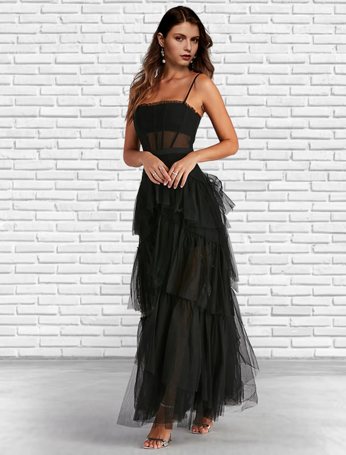 Robe de bal trapèze, corset, tenue de soirée, longueur cheville, sans manches, sans bretelles, en tulle, dos à volants, couleur unie