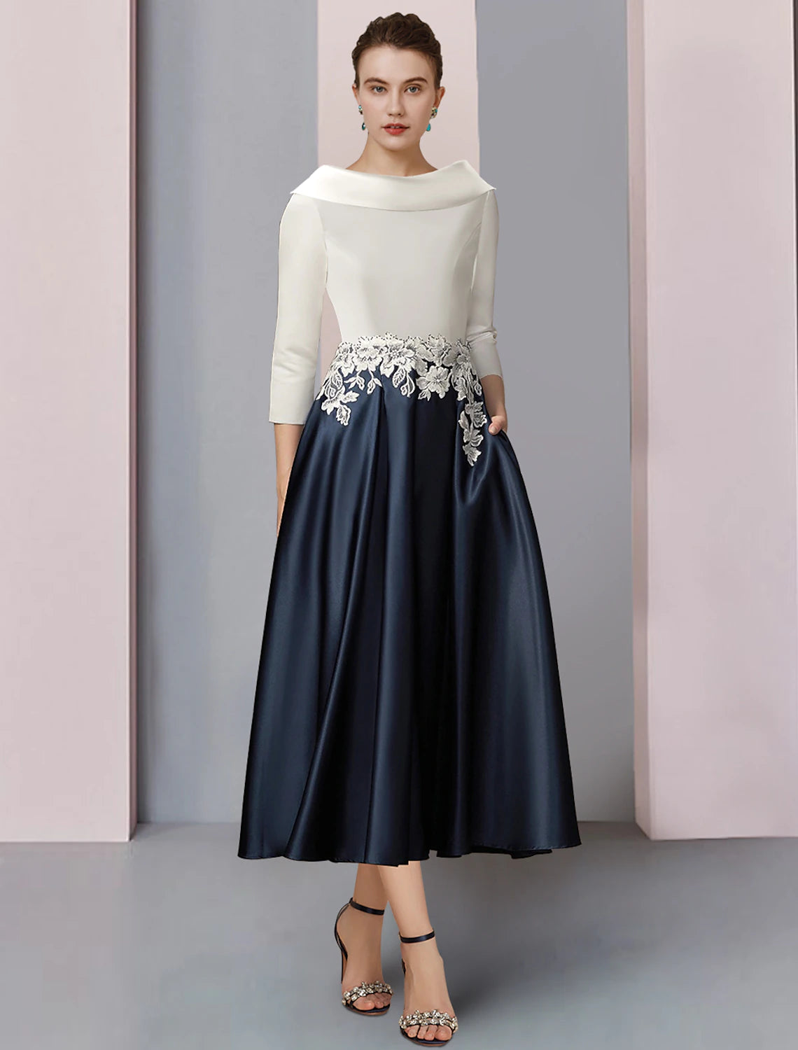 A-Linien-Kleid für die Mutter der Braut, formeller Hochzeitsgast, eleganter Vintage-Bateau-Ausschnitt, teelang, Satinspitze, halbe Ärmel mit Falten, Applikationen, Farbblock