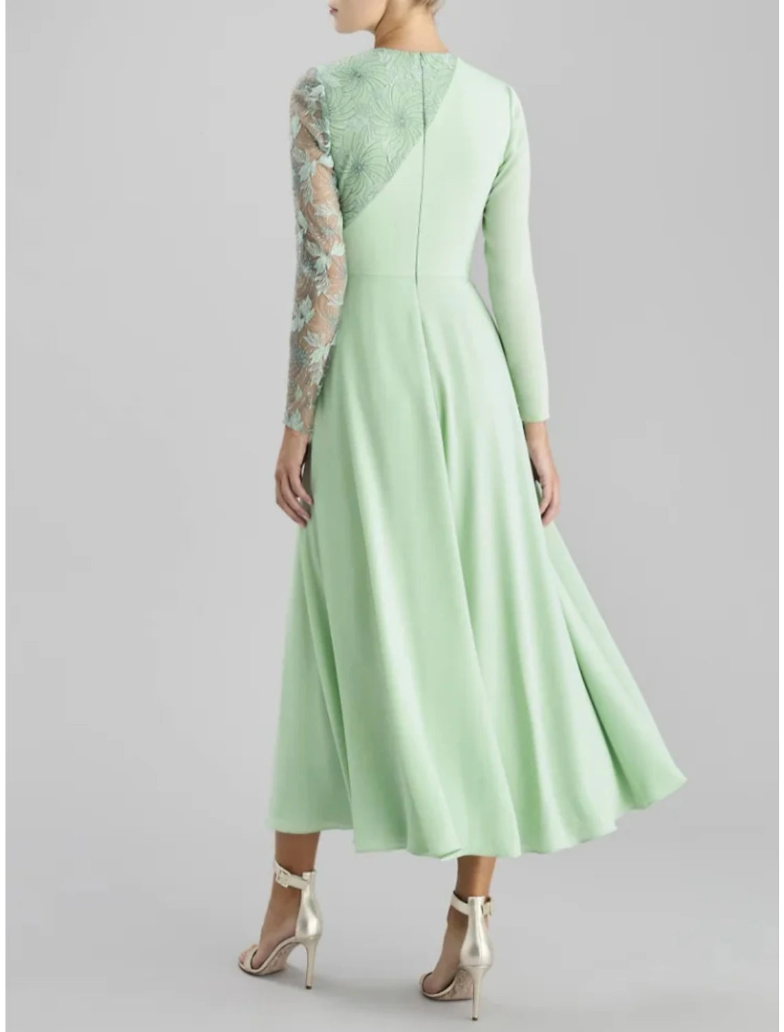 A-Linie Kleid für die Brautmutter, Hochzeitsgast, elegant, Party, Rundhalsausschnitt, knielang, Satin, Spitze, lange Ärmel mit Rüschen, einfarbig