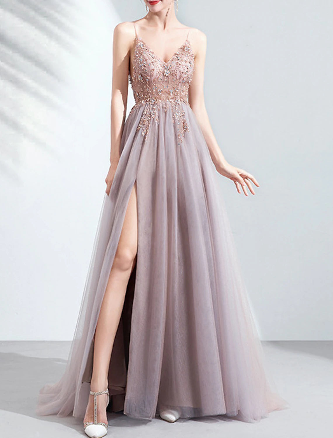 rosa Kleid Braut Hochzeit Toast Kleid Abendessen Jahrestreffen Sling leichtes Garn Laufsteg hochgeschlitztes Hochzeitsabendkleid