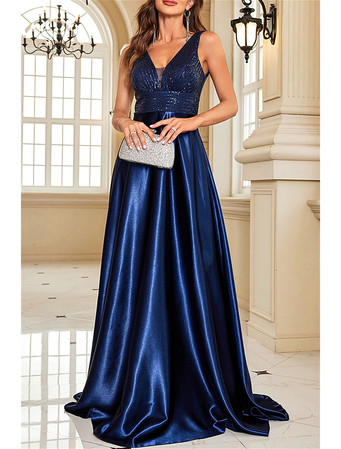 A-Linien-Kleid für die Mutter der Braut, Hochzeitsgast, elegant, Party, funkelnd und glänzend, V-Ausschnitt, bodenlang, Satin, mit Pailletten, ärmellos, mit Pailletten-Farbblock