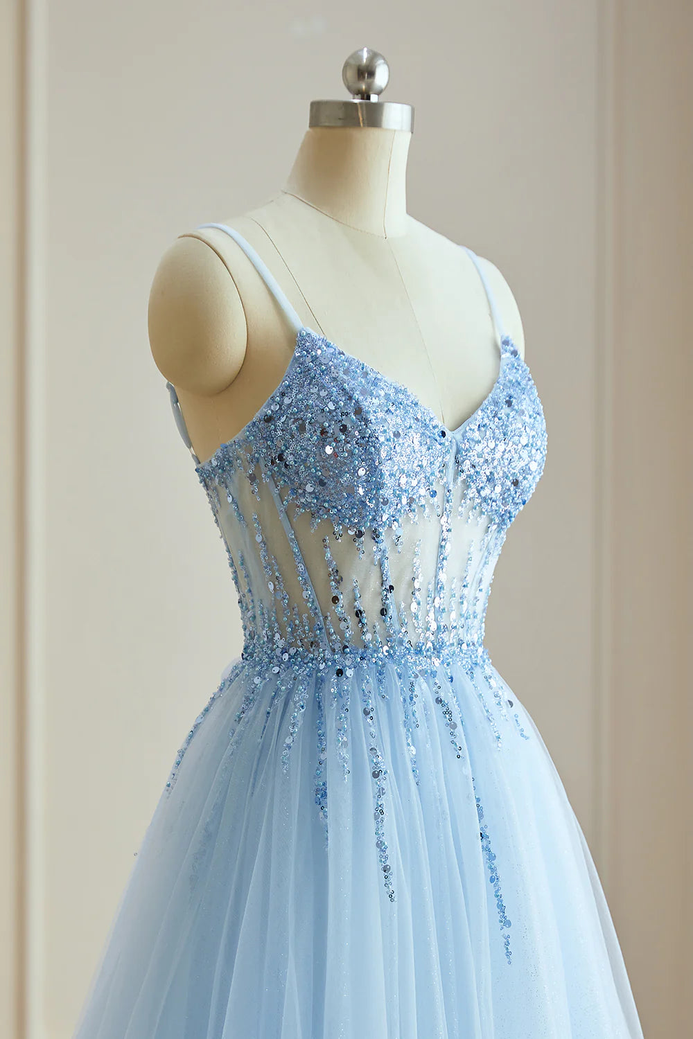 A-Line V-Neck Spaghetti Straps Beads Modest Tulle Cheap Evening Prom Dresses