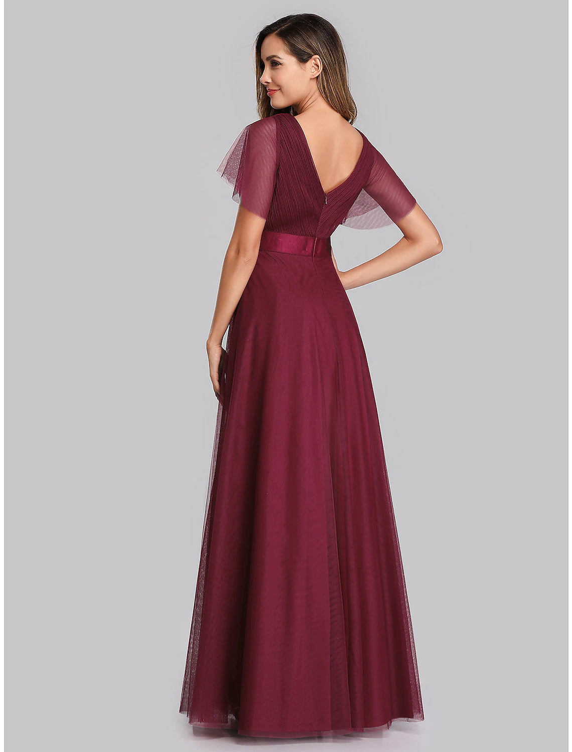 A-Linie Empire-Kleid für Hochzeitsgäste, Ballkleid, V-Ausschnitt, V-Rücken, kurze Ärmel, bodenlang, Chiffon mit Falten, gerüscht