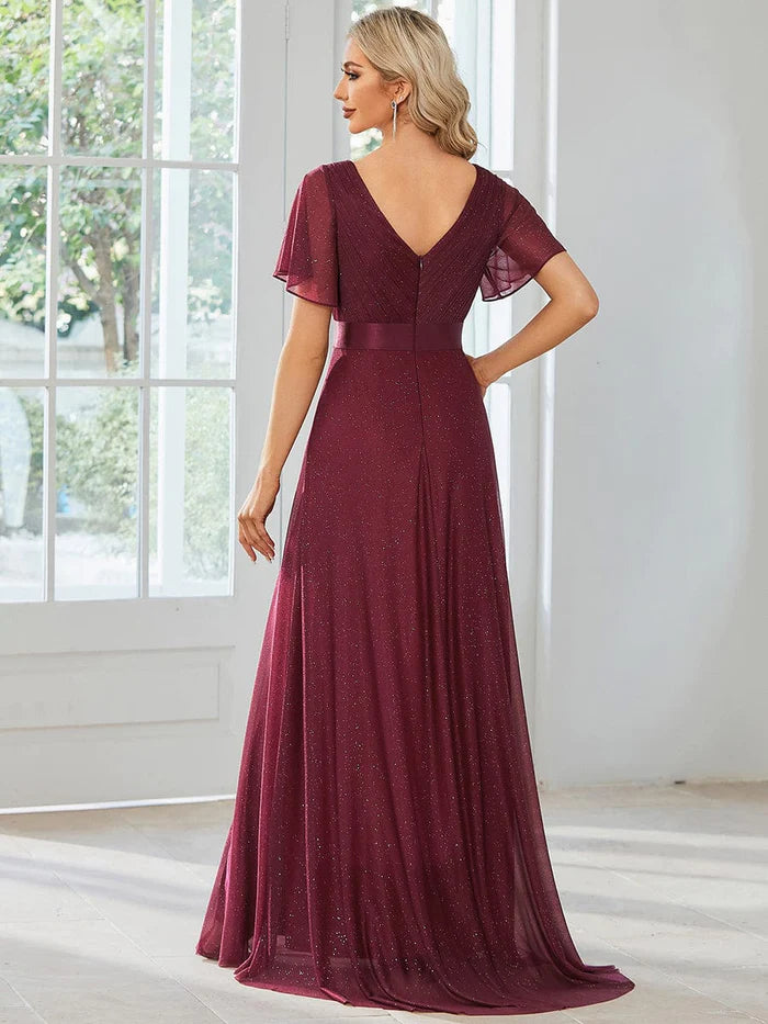 Funkelndes A-Linien-Abendkleid mit V-Ausschnitt und Schleife in der Taille 