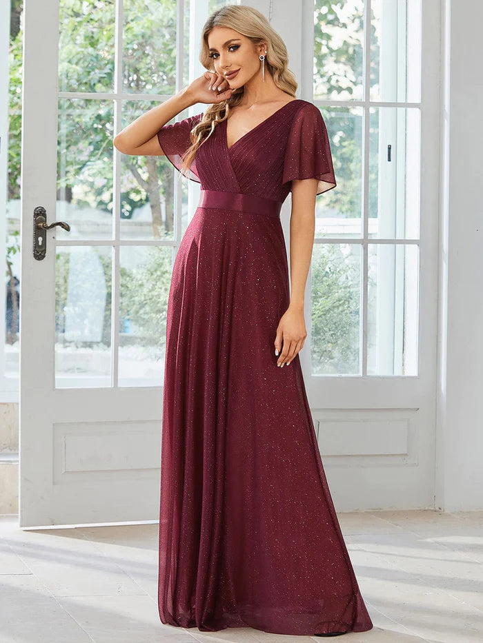 Funkelndes A-Linien-Abendkleid mit V-Ausschnitt und Schleife in der Taille 