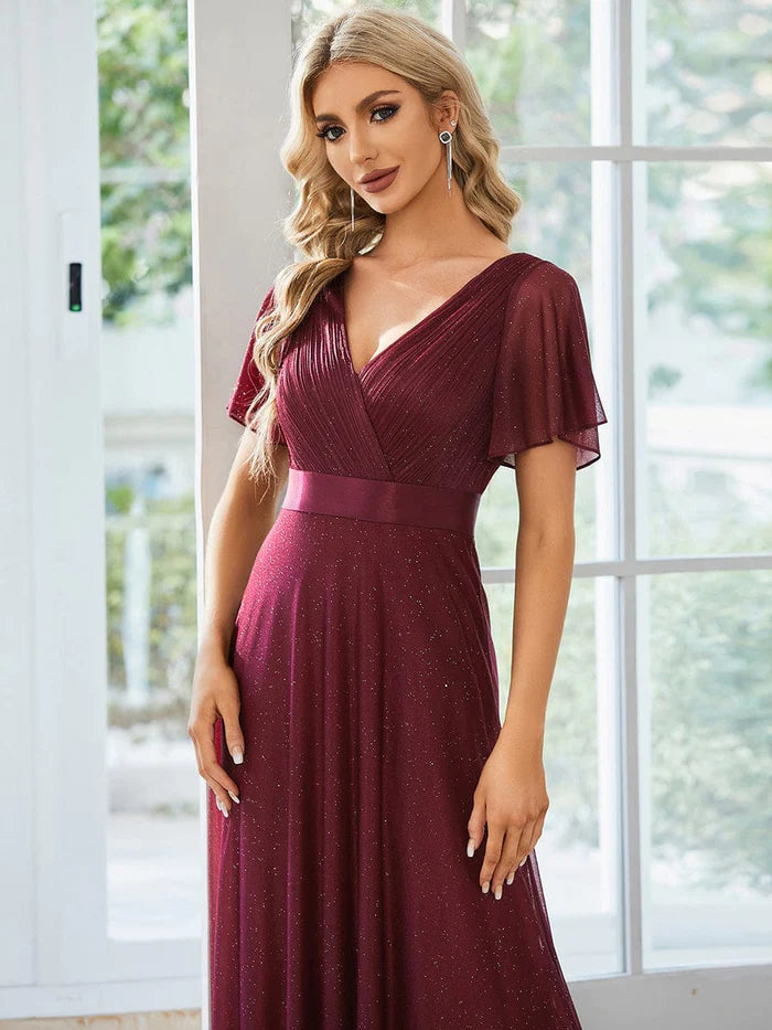 Funkelndes A-Linien-Abendkleid mit V-Ausschnitt und Schleife in der Taille 