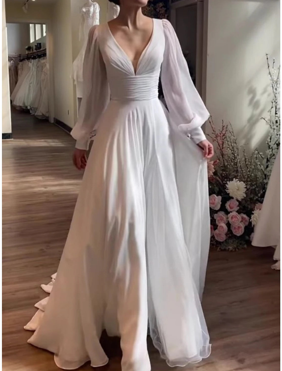 Einfache Brautkleider Brautkleider A-Linie Off Shoulder Flügelärmeln Tee Länge Satin Brautkleider Mit Falten Einfarbig