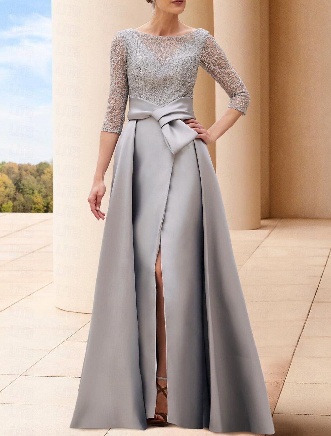 A-Linie Kleid für die Mutter der Braut, formeller Hochzeitsgast, elegant, Bateau-Ausschnitt, bodenlang, mit Pailletten, italienischer Satin, 3/4-Ärmel, mit Schleife(n), Falten, Kristalle