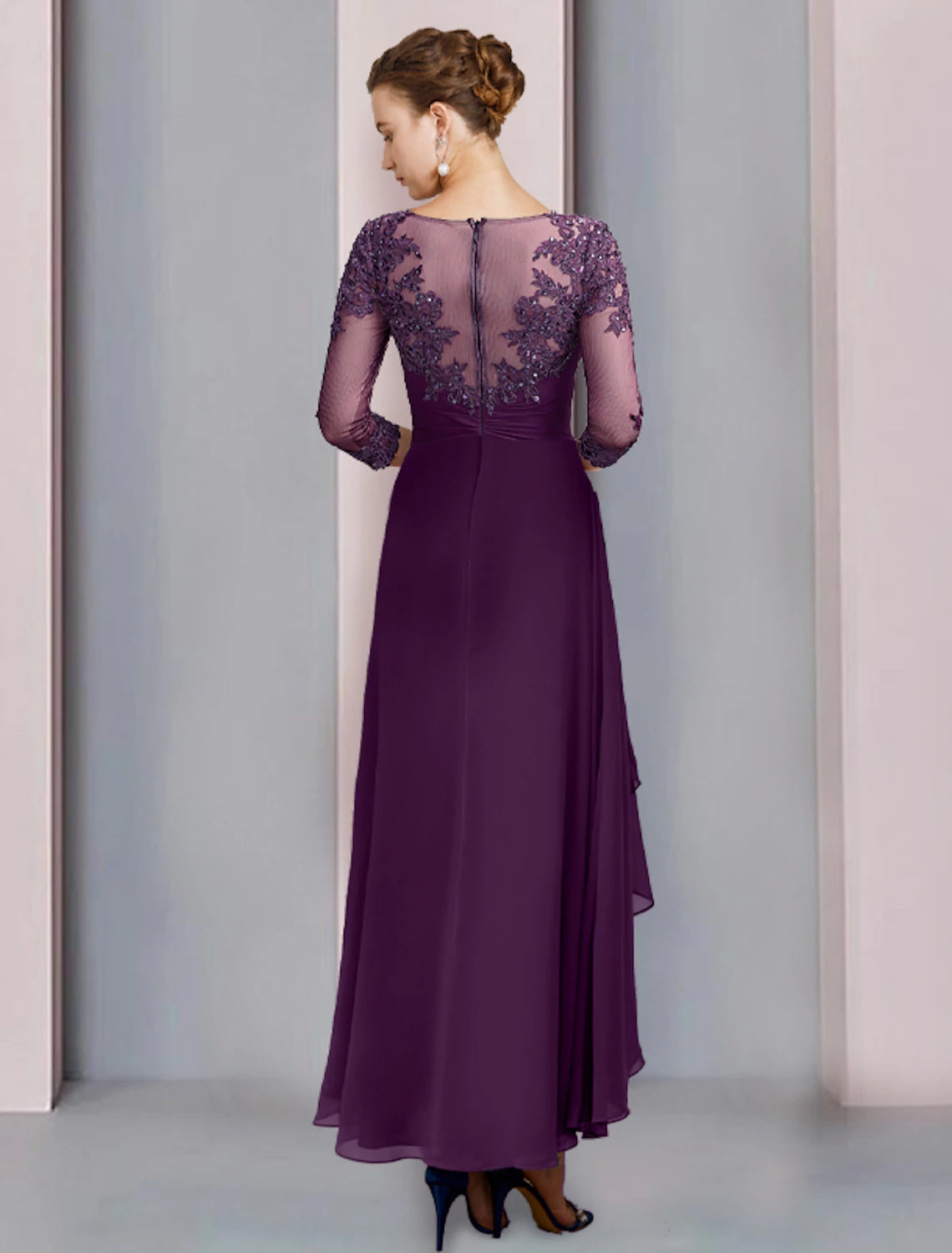 Etuikleid/Säulenkleid für die Brautmutter, Hochzeitsgast, elegantes Partykleid, Rundhalsausschnitt, knöchellang, Chiffon, Spitze, 3/4-Ärmel mit Falten, Pailletten