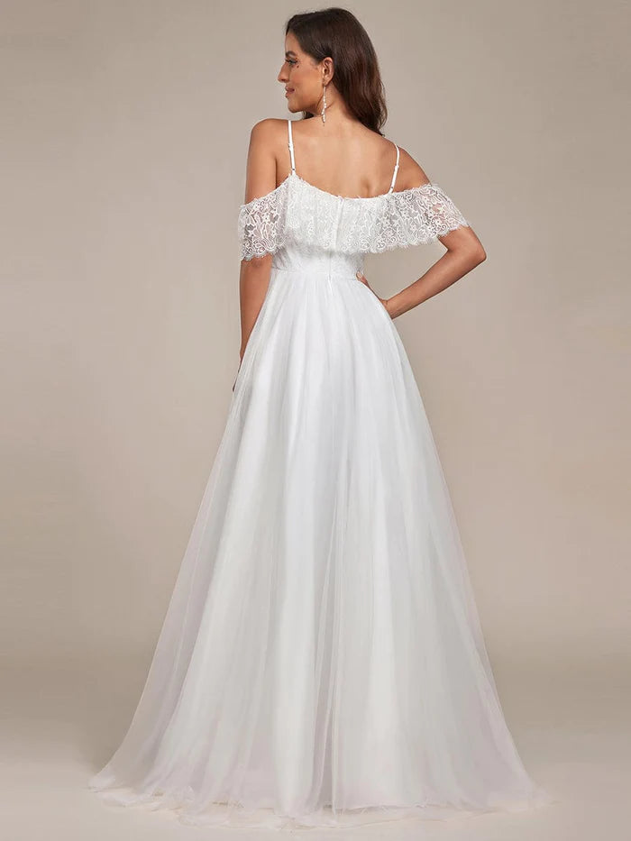 Robe de mariée asymétrique en dentelle à épaules dénudées 