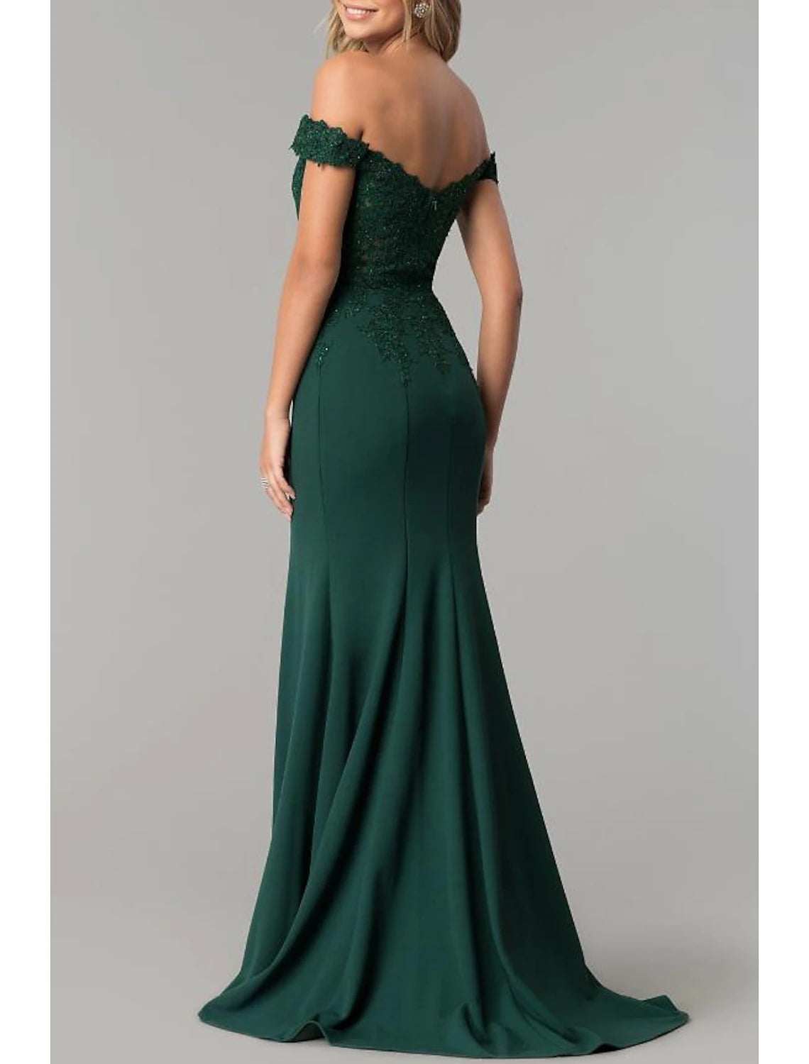 Trompeten-/Meerjungfrauenkleider, elegantes Kleid, Hochzeitsgast-Abschlussballkleid, Pinselschleppe, kurze Ärmel, schulterfrei, Stretch-Satin mit Applikationen