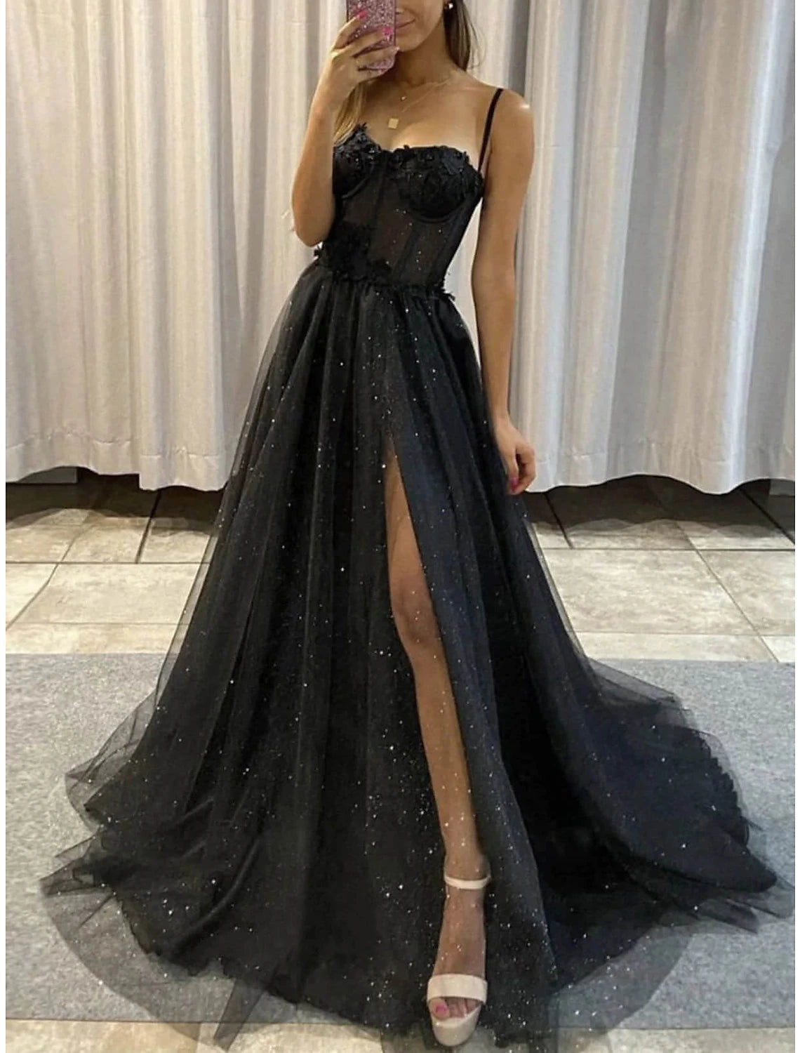 A-Line Prom Dresses Glitter Black Dress Wedding Dresses Formal Gothic Dress Floor Length Sleeveless Sweetheart Spaghetti Tulle with Slit
