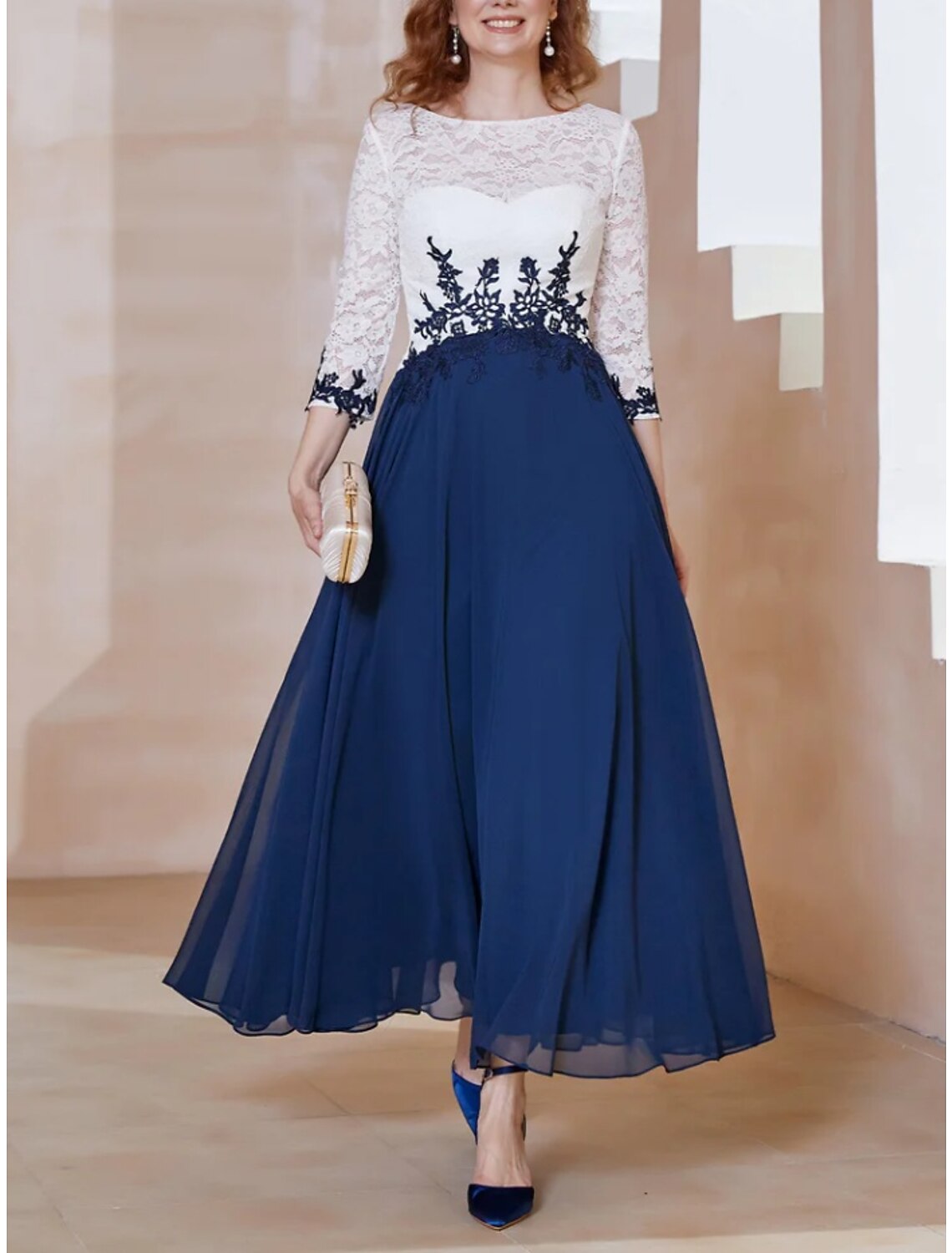 A-Linien-Kleid für die Brautmutter, Hochzeitsgast, elegant, U-Ausschnitt, knöchellang, Chiffon, 3/4-Ärmel mit Spitzenrüschen