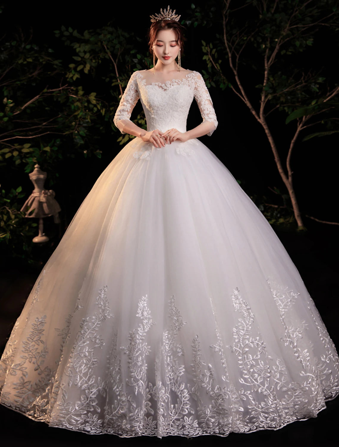 Empfang Formale Brautkleider Ballkleid Illusion Neck Halbarm Bodenlangen Spitze Brautkleider Mit Applikationen