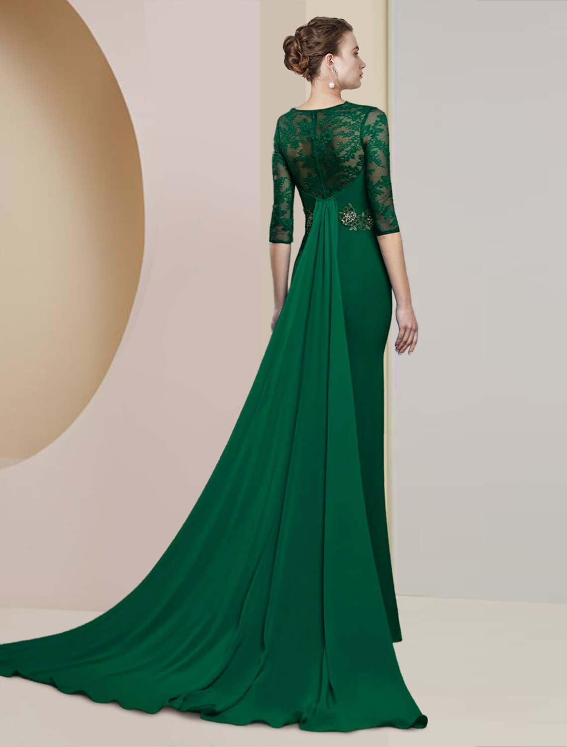 Etuikleid/Säulenkleid für die Brautmutter, formeller Hochzeitsgast, elegant, Rundhalsausschnitt, bodenlang, Chiffon, Spitze, halbe Ärmel mit Applikationen