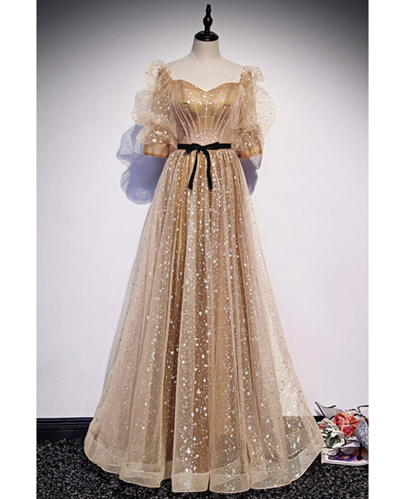 Champagner-goldenes, flauschiges Abendkleid mit Pailletten und quadratischem Ausschnitt und 1/2-Ärmeln in A-Linie/Prinzessin-Stern, transparentes, rückenfreies Kleid mit langem, gerüschten Rand