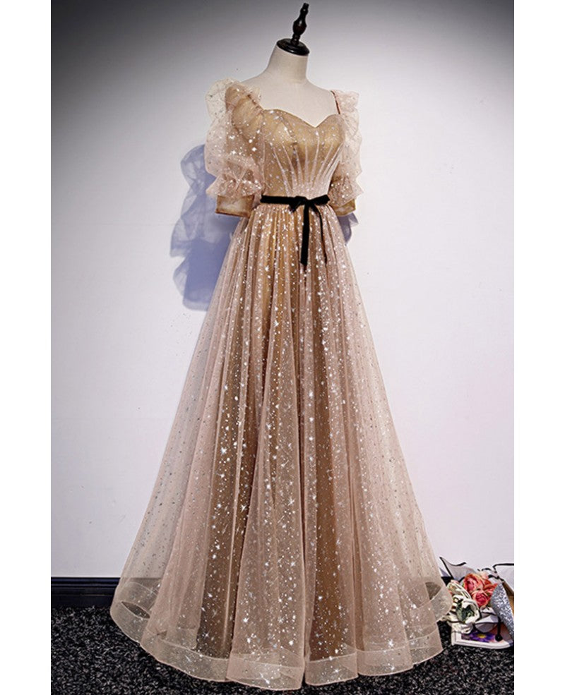 Champagner-goldenes, flauschiges Abendkleid mit Pailletten und quadratischem Ausschnitt und 1/2-Ärmeln in A-Linie/Prinzessin-Stern, transparentes, rückenfreies Kleid mit langem, gerüschten Rand