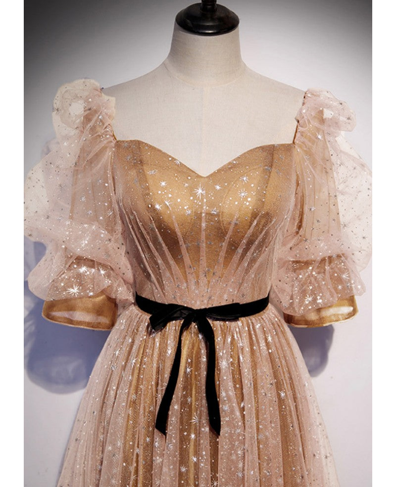 Champagner-goldenes, flauschiges Abendkleid mit Pailletten und quadratischem Ausschnitt und 1/2-Ärmeln in A-Linie/Prinzessin-Stern, transparentes, rückenfreies Kleid mit langem, gerüschten Rand