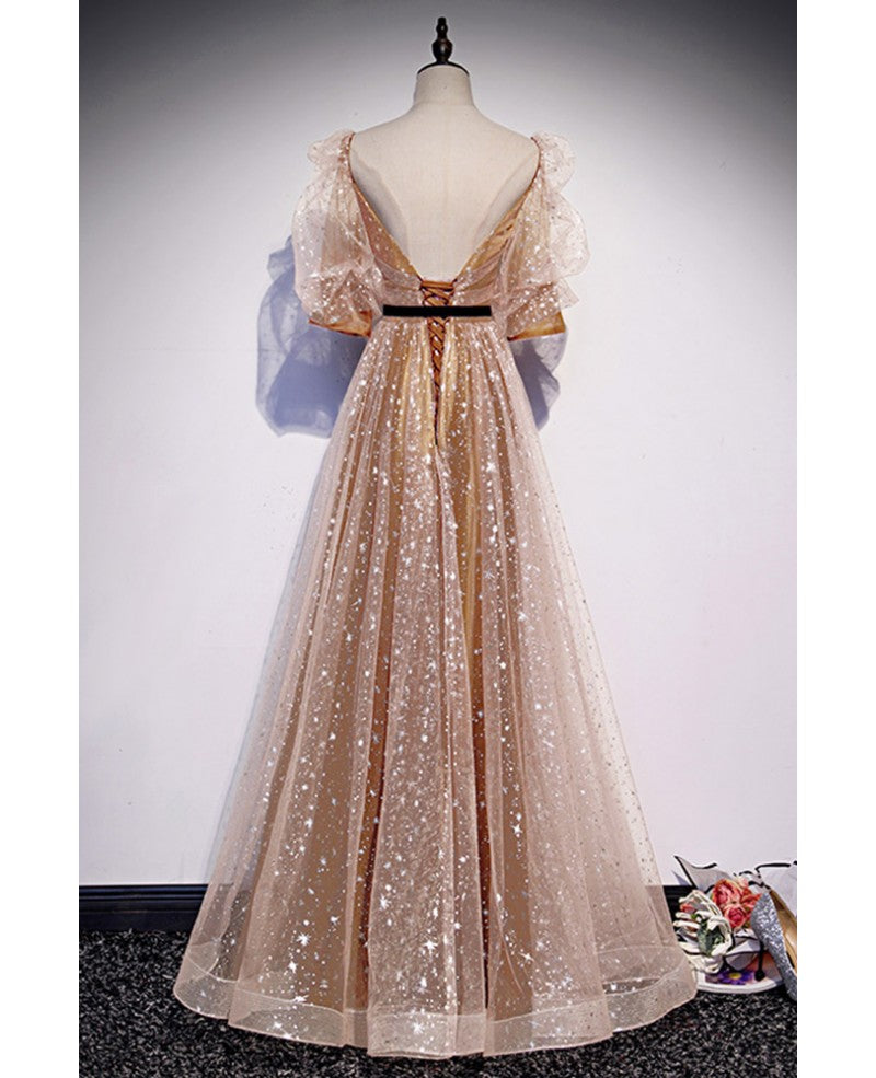 Champagner-goldenes, flauschiges Abendkleid mit Pailletten und quadratischem Ausschnitt und 1/2-Ärmeln in A-Linie/Prinzessin-Stern, transparentes, rückenfreies Kleid mit langem, gerüschten Rand