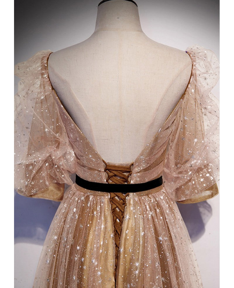 Champagner-goldenes, flauschiges Abendkleid mit Pailletten und quadratischem Ausschnitt und 1/2-Ärmeln in A-Linie/Prinzessin-Stern, transparentes, rückenfreies Kleid mit langem, gerüschten Rand