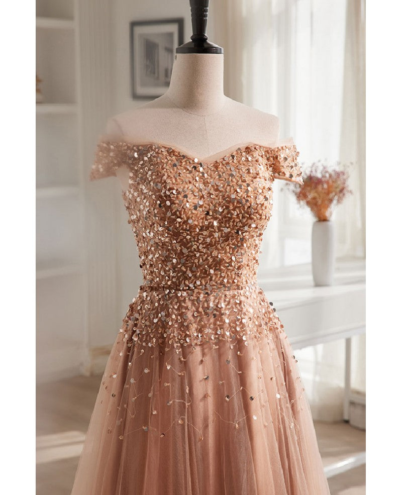 Robe de soirée à manches courtes et épaules dénudées, couleur champagne, noble et élégante, à paillettes transparentes, robe de soirée en forme de A, dos nu, bretelles et longueur au sol