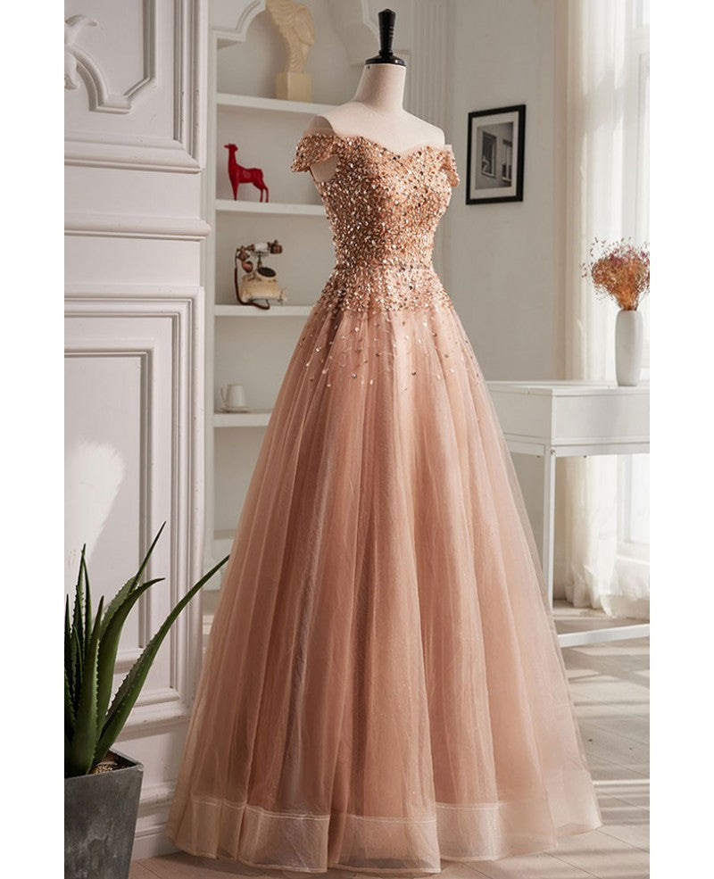 Edles und elegantes Champagnerfarbenes transparentes Pailletten-Schulterfreies kurzärmliges Ballkleid Champagner A-förmiges transparentes rückenfreies Träger- und bodenlanges Abendkleid