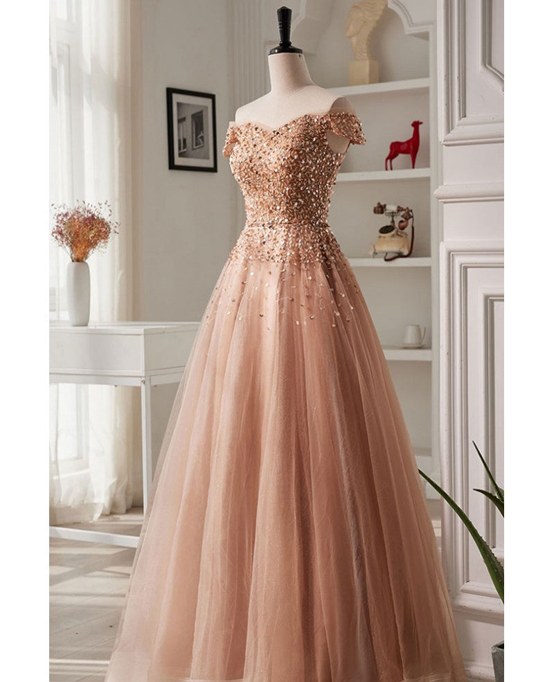 Robe de soirée à manches courtes et épaules dénudées, couleur champagne, noble et élégante, à paillettes transparentes, robe de soirée en forme de A, dos nu, bretelles et longueur au sol