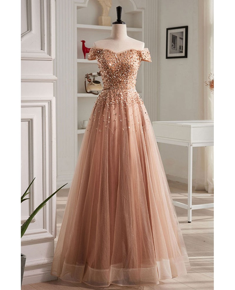 Edles und elegantes Champagnerfarbenes transparentes Pailletten-Schulterfreies kurzärmliges Ballkleid Champagner A-förmiges transparentes rückenfreies Träger- und bodenlanges Abendkleid